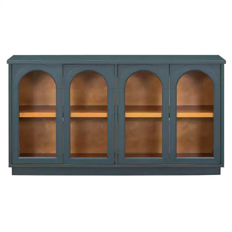 Modern Arched Glass Door Sideboard Buffet Cabinet, Black with Gold Accents, Adjustable Shelves, Push-to-Open