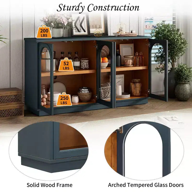 Modern Arched Glass Door Sideboard Buffet Cabinet, Black with Gold Accents, Adjustable Shelves, Push-to-Open