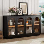 Modern Arched Glass Door Sideboard Buffet Cabinet, Black with Gold Accents, Adjustable Shelves, Push-to-Open