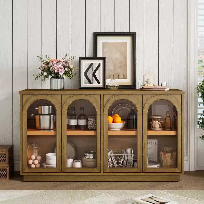 Modern Arched Glass Door Sideboard Buffet Cabinet, Black with Gold Accents, Adjustable Shelves, Push-to-Open