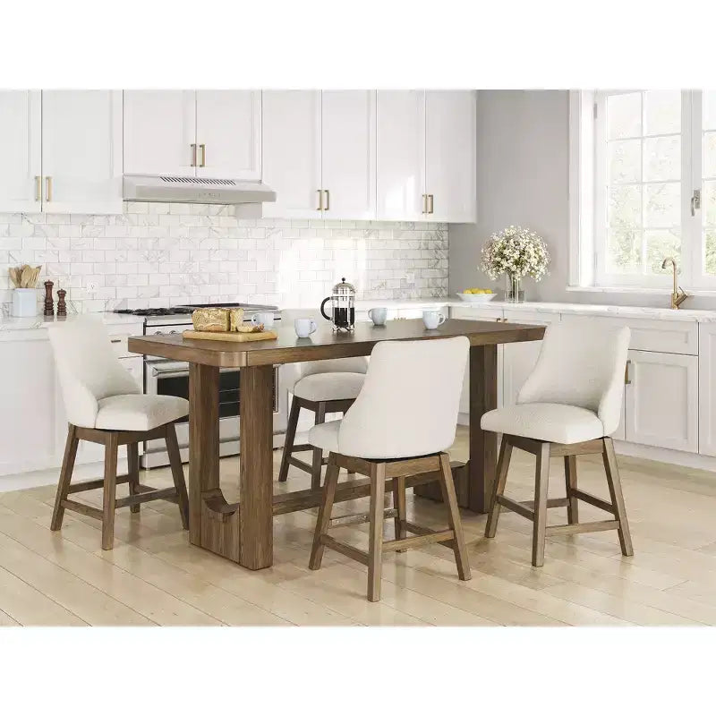 Counter Height Upholstered Swivel Barstools, Set of 2, Light Brown Wood Frame with Oatmeal Cushioned Seat