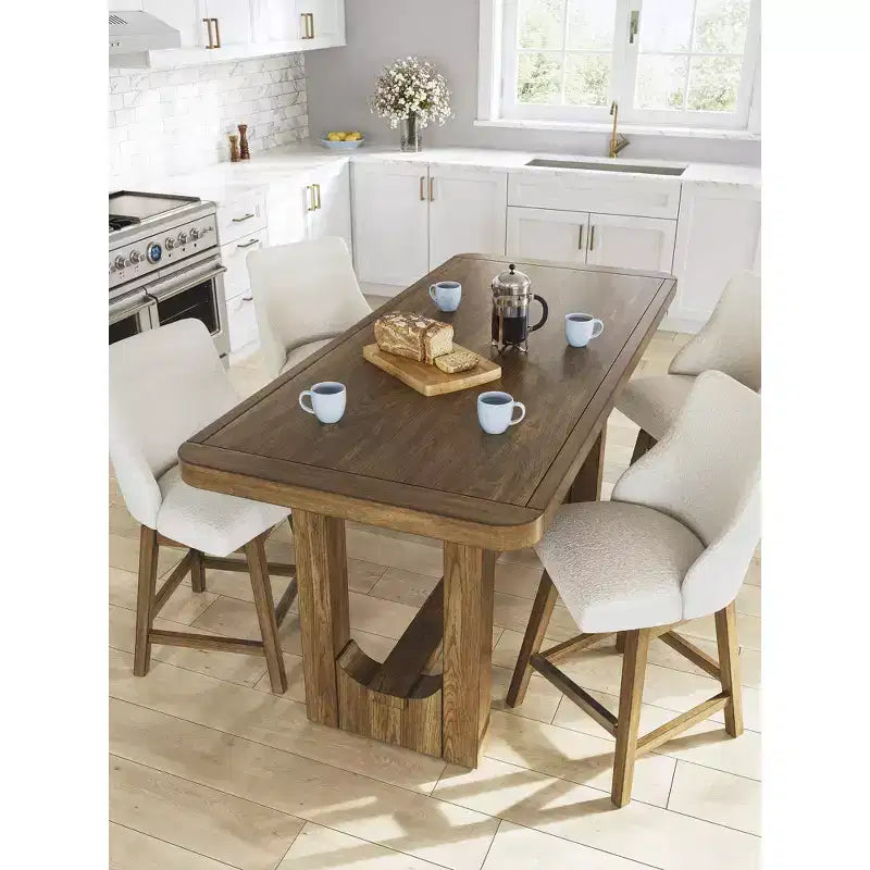 Counter Height Upholstered Swivel Barstools, Set of 2, Light Brown Wood Frame with Oatmeal Cushioned Seat
