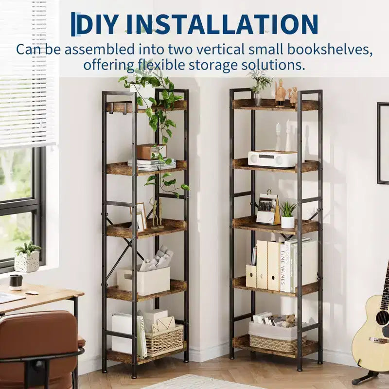 Bookshelf, Bookcase  Triple 5-Tier Industrial Bookcase with 14 Open Shelves Sturdy Metal Frame Rustic Brown Storage Rack