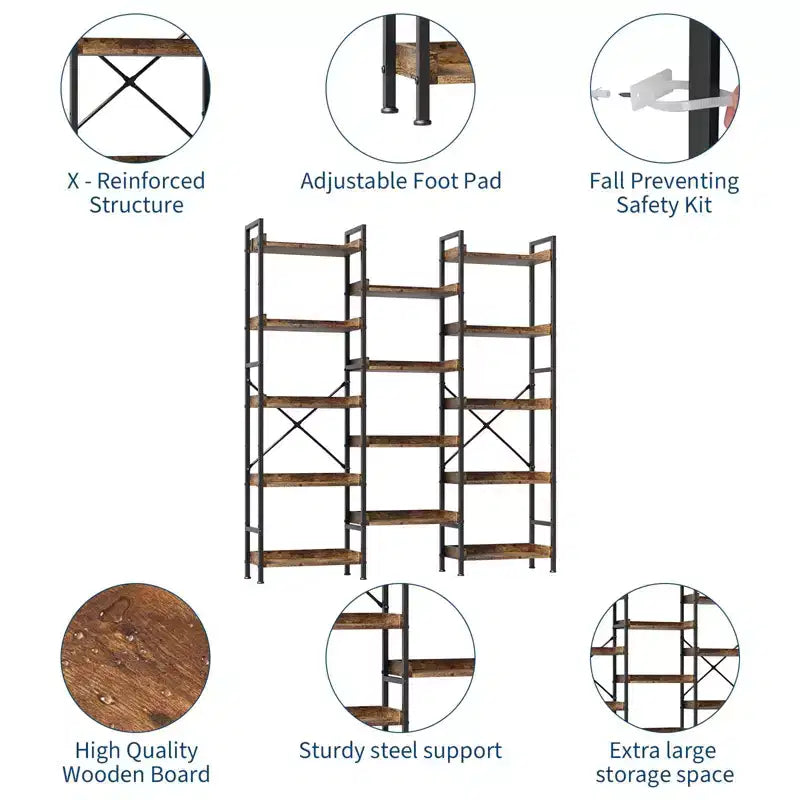Bookshelf, Bookcase  Triple 5-Tier Industrial Bookcase with 14 Open Shelves Sturdy Metal Frame Rustic Brown Storage Rack