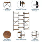 Bookshelf, Bookcase  Triple 5-Tier Industrial Bookcase with 14 Open Shelves Sturdy Metal Frame Rustic Brown Storage Rack