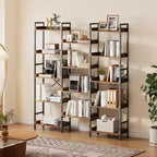 Bookshelf, Bookcase  Triple 5-Tier Industrial Bookcase with 14 Open Shelves Sturdy Metal Frame Rustic Brown Storage Rack