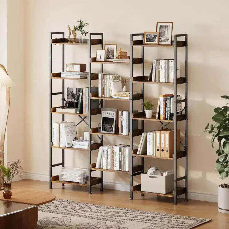 Bookshelf, Bookcase  Triple 5-Tier Industrial Bookcase with 14 Open Shelves Sturdy Metal Frame Rustic Brown Storage Rack