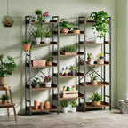 Bookshelf, Bookcase  Triple 5-Tier Industrial Bookcase with 14 Open Shelves Sturdy Metal Frame Rustic Brown Storage Rack