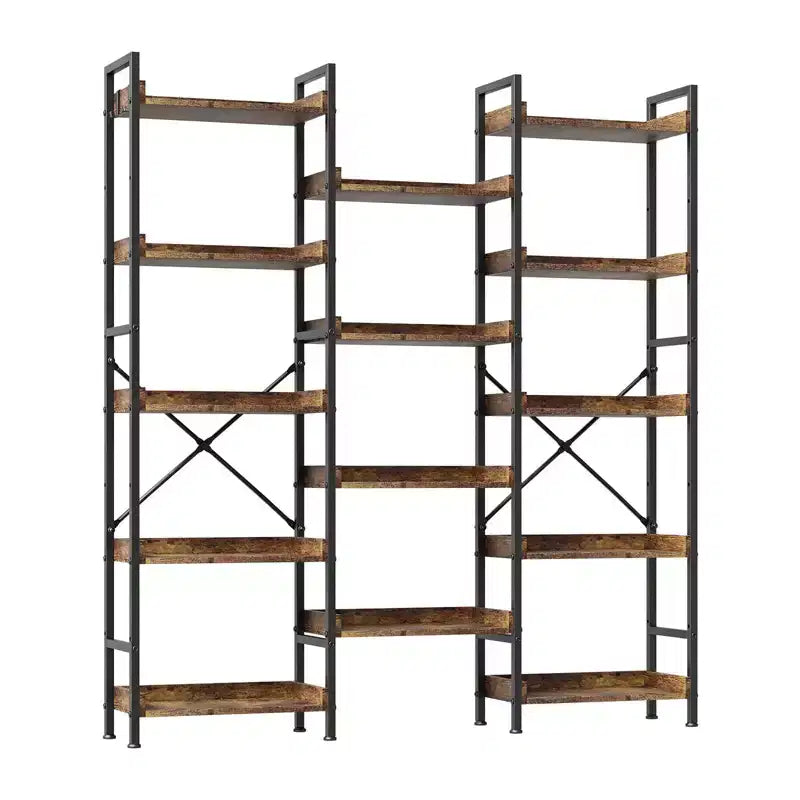 Bookshelf, Bookcase  Triple 5-Tier Industrial Bookcase with 14 Open Shelves Sturdy Metal Frame Rustic Brown Storage Rack