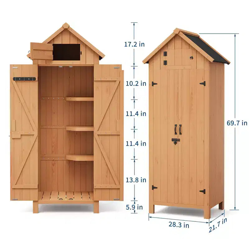 70" Waterproof Wooden Outdoor Storage Shed with 3 Adjustable Shelves and Lockable Door, Vertical Garden Tool Cabinet
