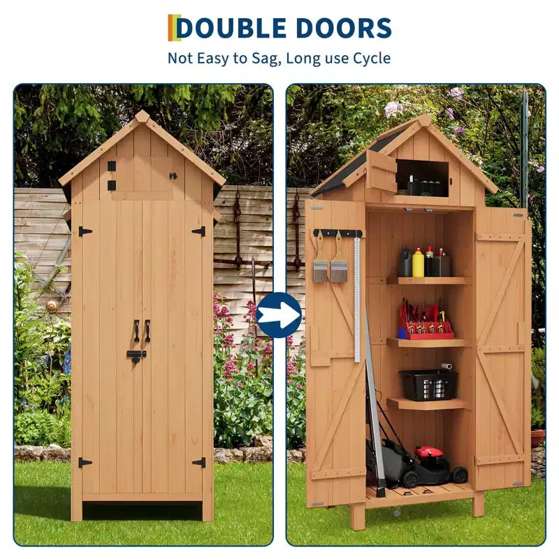 70" Waterproof Wooden Outdoor Storage Shed with 3 Adjustable Shelves and Lockable Door, Vertical Garden Tool Cabinet