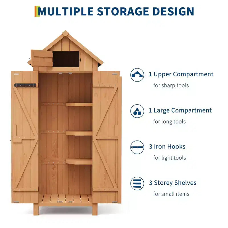 70" Waterproof Wooden Outdoor Storage Shed with 3 Adjustable Shelves and Lockable Door, Vertical Garden Tool Cabinet