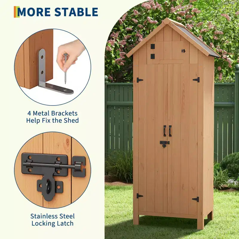 70" Waterproof Wooden Outdoor Storage Shed with 3 Adjustable Shelves and Lockable Door, Vertical Garden Tool Cabinet