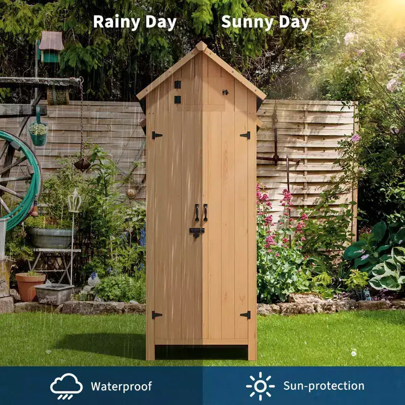 70" Waterproof Wooden Outdoor Storage Shed with 3 Adjustable Shelves and Lockable Door, Vertical Garden Tool Cabinet