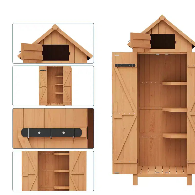 70" Waterproof Wooden Outdoor Storage Shed with 3 Adjustable Shelves and Lockable Door, Vertical Garden Tool Cabinet
