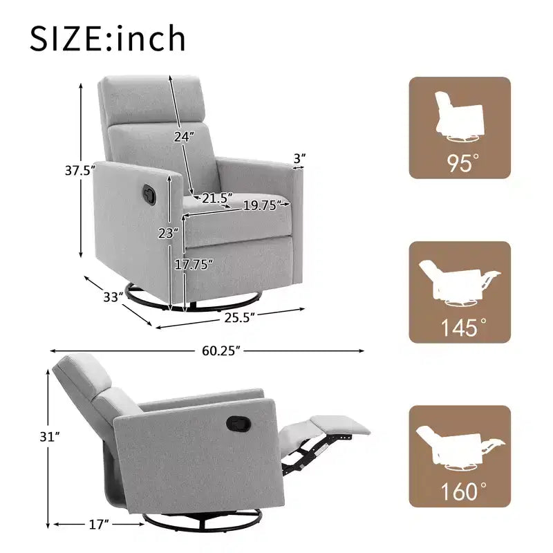 Modern Upholstered Rocker Nursery Chair, 360° Swivel Glider with Adjustable Recline 95°-160°, Linen, Gray