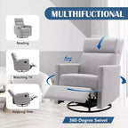 Modern Upholstered Rocker Nursery Chair, 360° Swivel Glider with Adjustable Recline 95°-160°, Linen, Gray