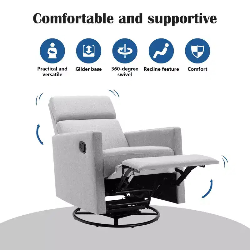 Modern Upholstered Rocker Nursery Chair, 360° Swivel Glider with Adjustable Recline 95°-160°, Linen, Gray