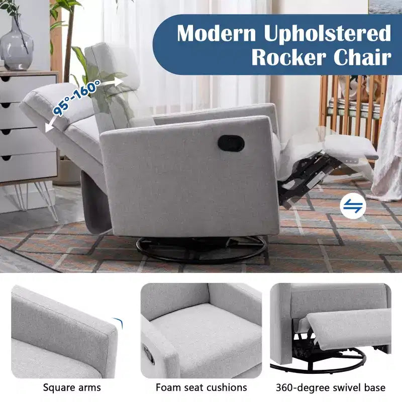Modern Upholstered Rocker Nursery Chair, 360° Swivel Glider with Adjustable Recline 95°-160°, Linen, Gray