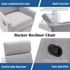 Modern Upholstered Rocker Nursery Chair, 360° Swivel Glider with Adjustable Recline 95°-160°, Linen, Gray
