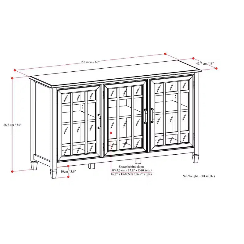 60" Wide Storage Cabinet Buffet, Solid Pine with Tempered Glass Doors and Adjustable Shelves, British Colonial Style