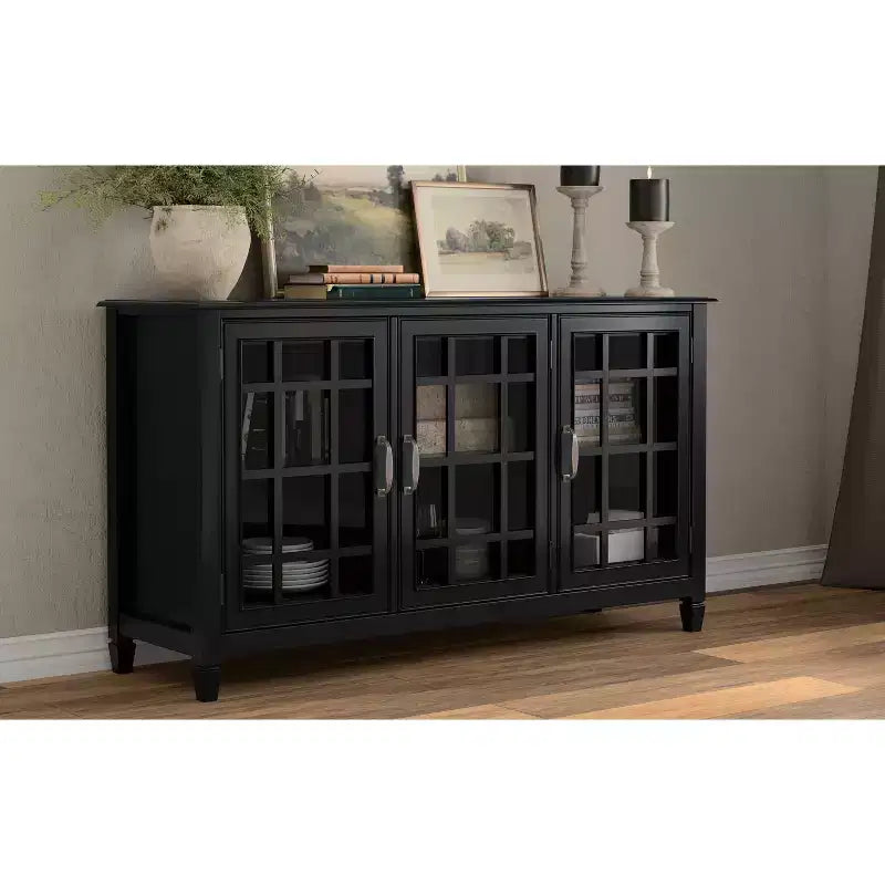 60" Wide Storage Cabinet Buffet, Solid Pine with Tempered Glass Doors and Adjustable Shelves, British Colonial Style