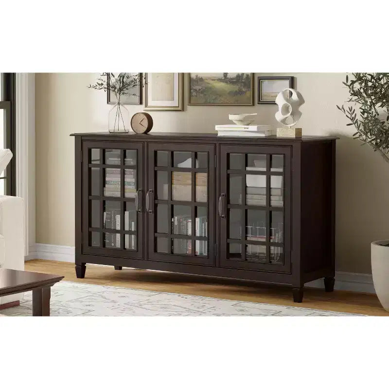 60" Wide Storage Cabinet Buffet, Solid Pine with Tempered Glass Doors and Adjustable Shelves, British Colonial Style