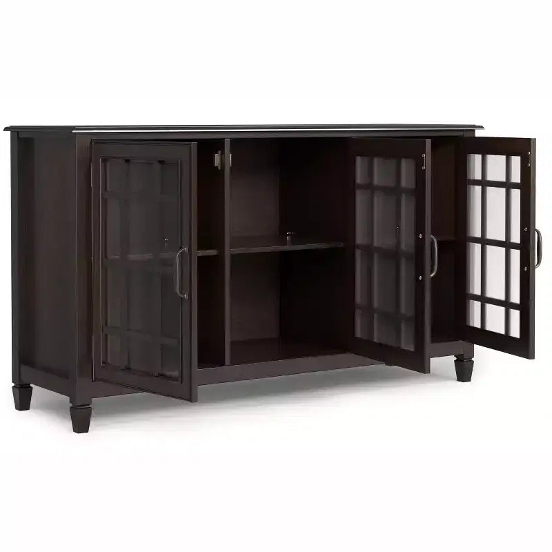 60" Wide Storage Cabinet Buffet, Solid Pine with Tempered Glass Doors and Adjustable Shelves, British Colonial Style