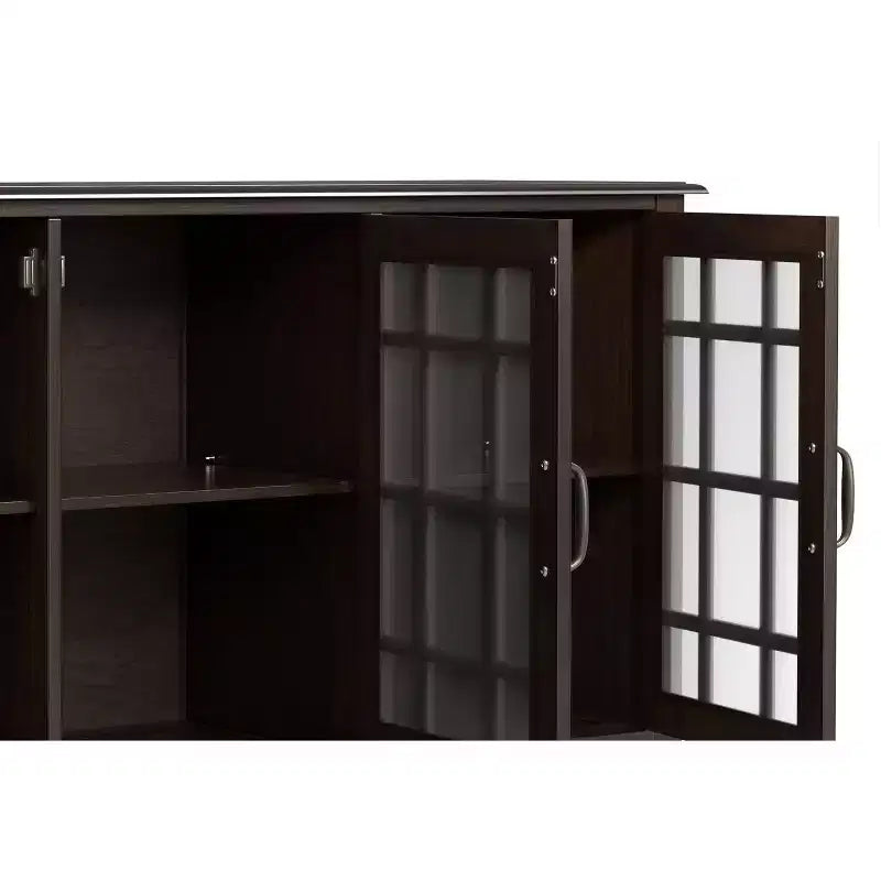 60" Wide Storage Cabinet Buffet, Solid Pine with Tempered Glass Doors and Adjustable Shelves, British Colonial Style