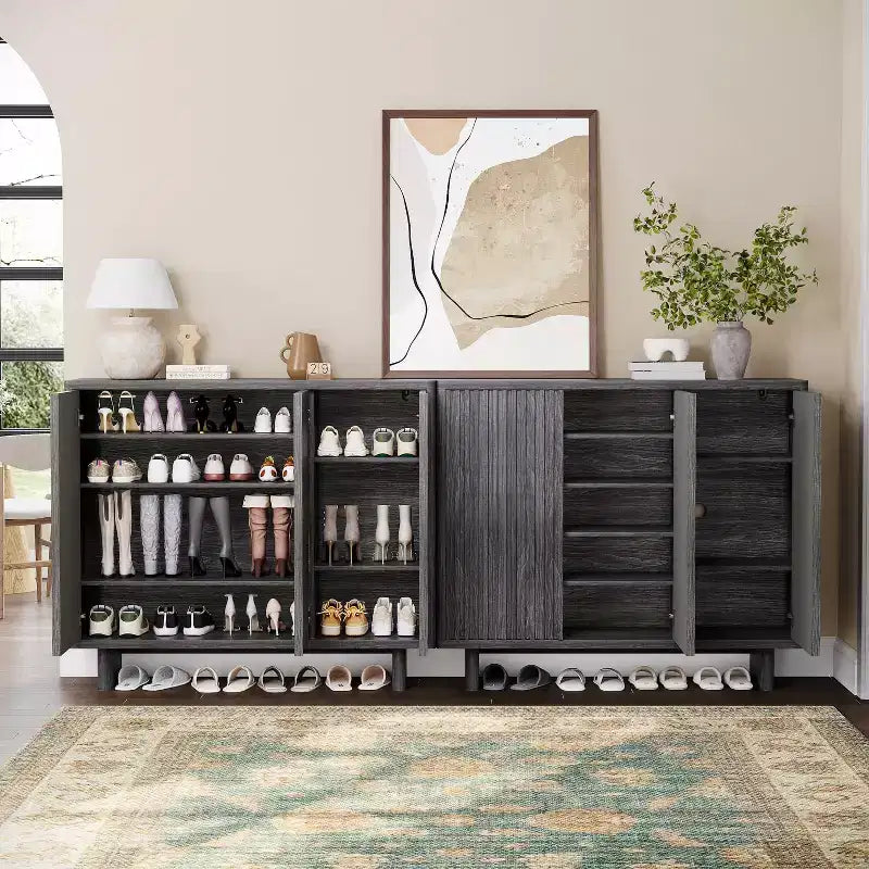 Shoe Cabinet with Fluted Door, 5-Tier Storage with 4 Adjustable Shelves, Rustic Entryway Shoe Bench for Hallway