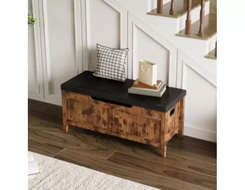 Storage Ottoman Bench, Solid Wood Frame with Cushion and Hidden Storage, 100CM, Retro Brown