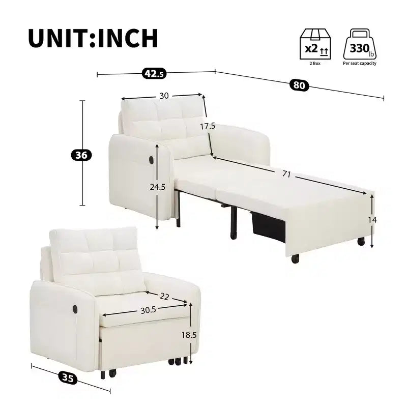 3-in-1 Sleeper Chair Bed, 80" Extra Long Pull Out Lounge, Chenille Single Sofa Bed with Storage Pockets