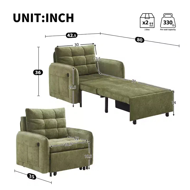 3-in-1 Sleeper Chair Bed, 80" Extra Long Pull Out Lounge, Chenille Single Sofa Bed with Storage Pockets