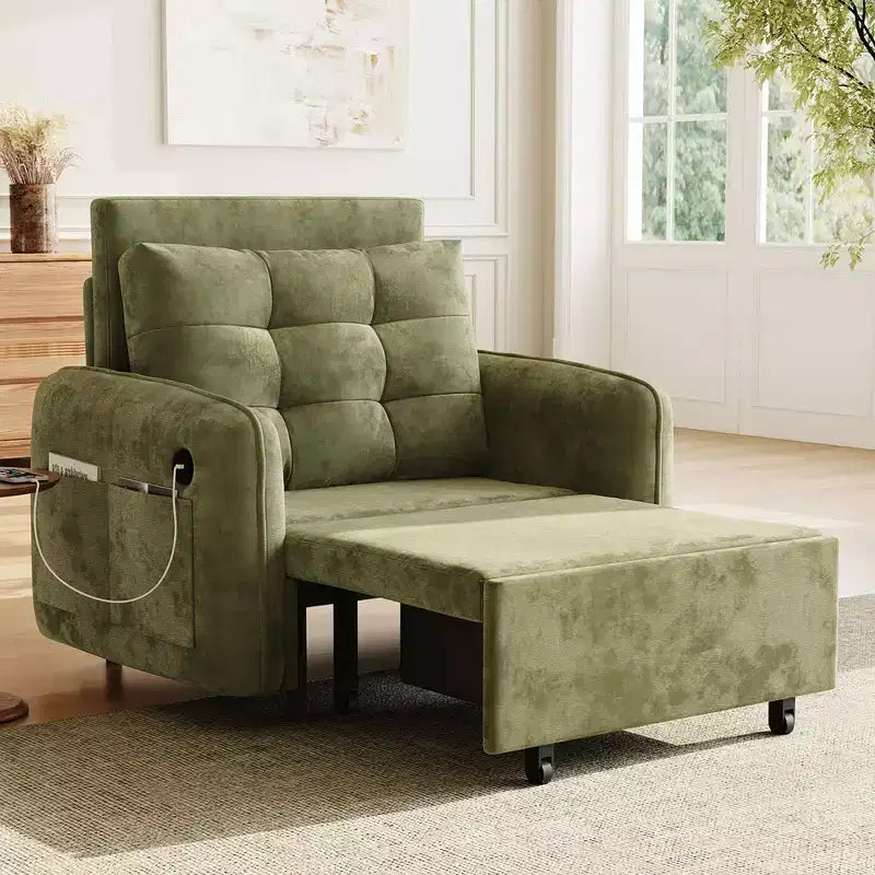 3-in-1 Sleeper Chair Bed, 80" Extra Long Pull Out Lounge, Chenille Single Sofa Bed with Storage Pockets