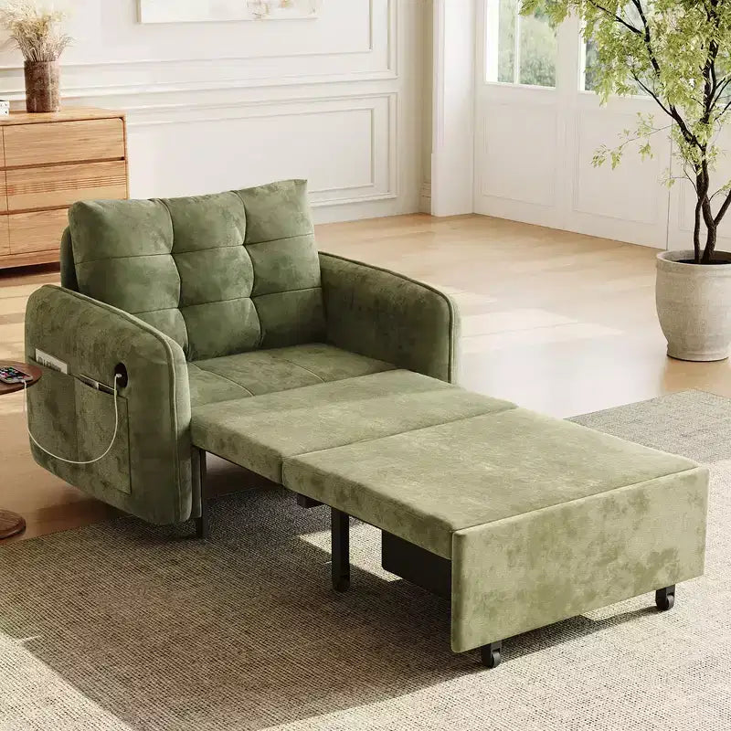 3-in-1 Sleeper Chair Bed, 80" Extra Long Pull Out Lounge, Chenille Single Sofa Bed with Storage Pockets