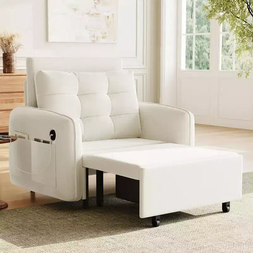 Lit fauteuil convertible 3-en-1, Canapé-lit gigogne extra long 203 cm, Canapé-lit simple en chenille avec poches de rangement