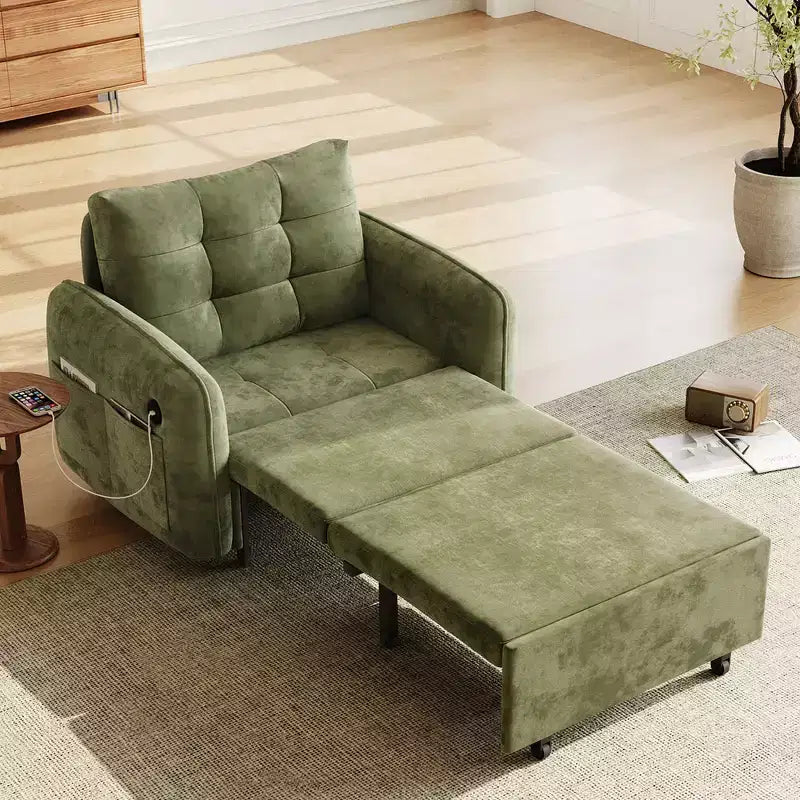 3-in-1 Sleeper Chair Bed, 80" Extra Long Pull Out Lounge, Chenille Single Sofa Bed with Storage Pockets