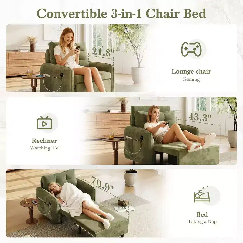 3-in-1 Sleeper Chair Bed, 80" Extra Long Pull Out Lounge, Chenille Single Sofa Bed with Storage Pockets