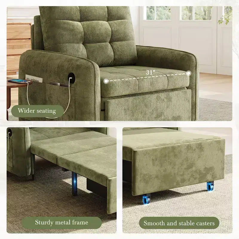 3-in-1 Sleeper Chair Bed, 80" Extra Long Pull Out Lounge, Chenille Single Sofa Bed with Storage Pockets