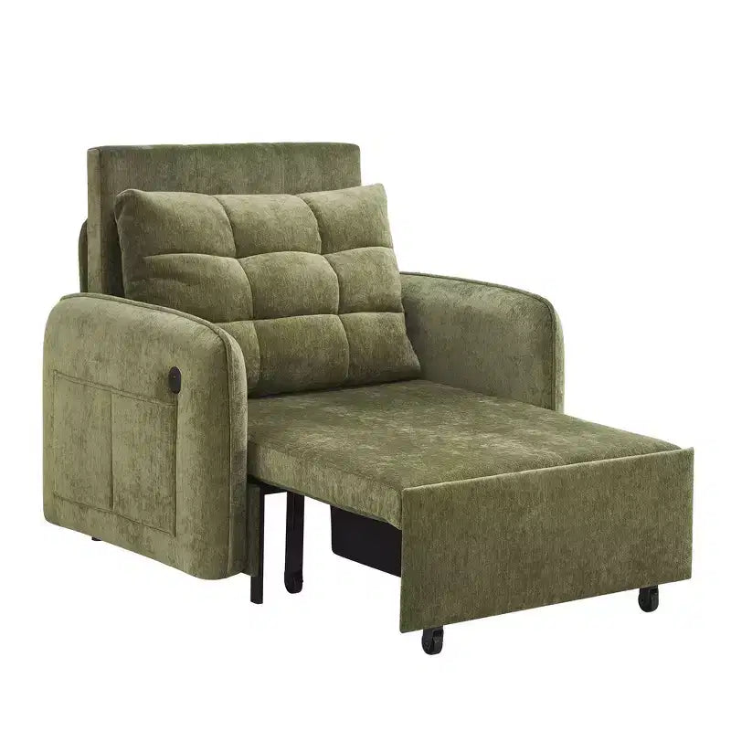 3-in-1 Sleeper Chair Bed, 80" Extra Long Pull Out Lounge, Chenille Single Sofa Bed with Storage Pockets
