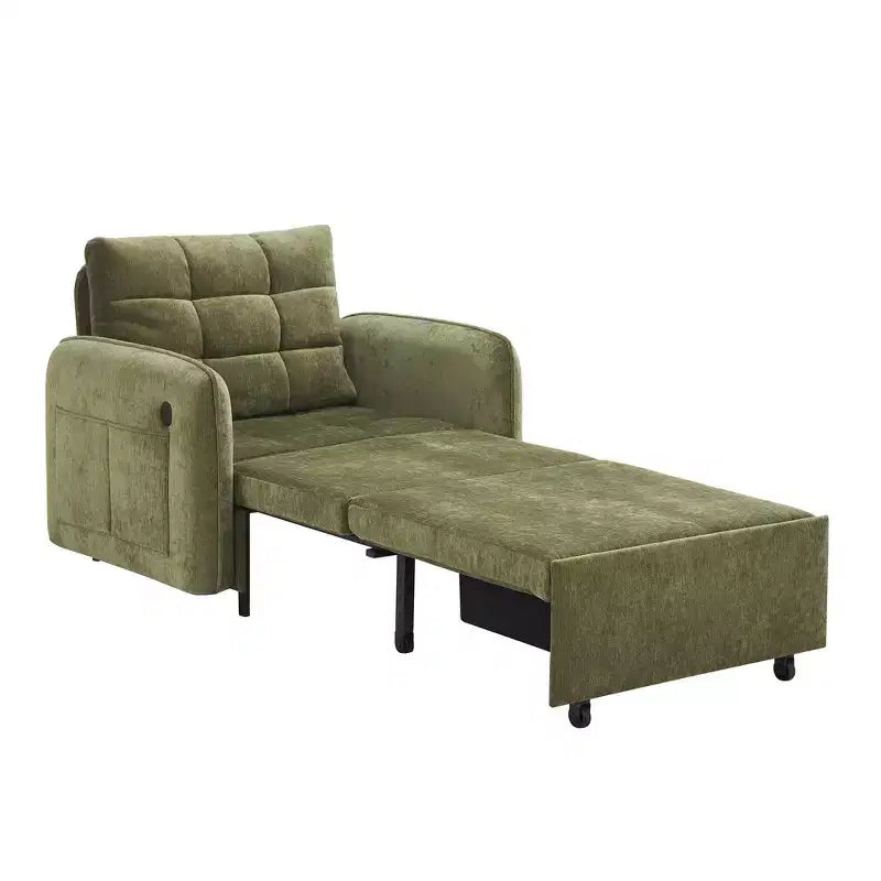 3-in-1 Sleeper Chair Bed, 80" Extra Long Pull Out Lounge, Chenille Single Sofa Bed with Storage Pockets