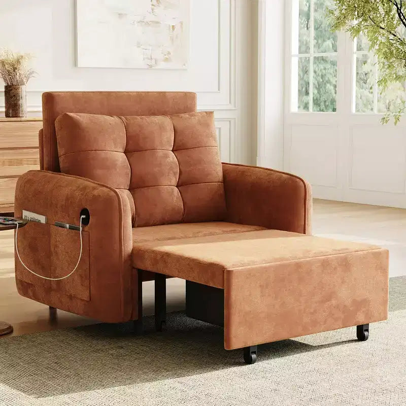 3-in-1 Sleeper Chair Bed, 80" Extra Long Pull Out Lounge, Chenille Single Sofa Bed with Storage Pockets