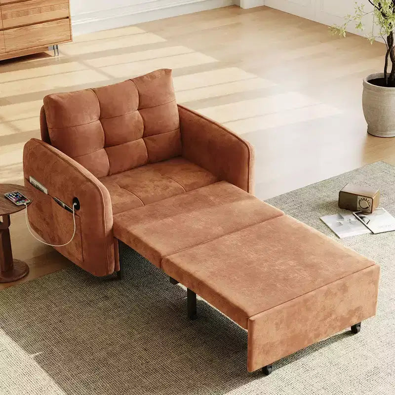 3-in-1 Sleeper Chair Bed, 80" Extra Long Pull Out Lounge, Chenille Single Sofa Bed with Storage Pockets