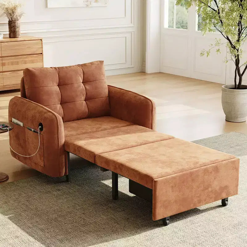 3-in-1 Sleeper Chair Bed, 80" Extra Long Pull Out Lounge, Chenille Single Sofa Bed with Storage Pockets