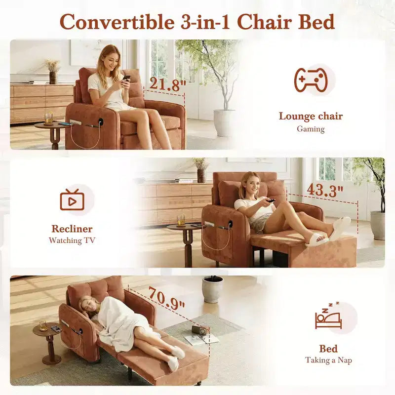 3-in-1 Sleeper Chair Bed, 80" Extra Long Pull Out Lounge, Chenille Single Sofa Bed with Storage Pockets