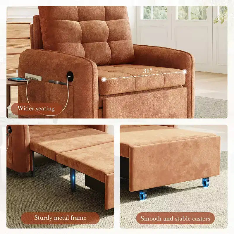 3-in-1 Sleeper Chair Bed, 80" Extra Long Pull Out Lounge, Chenille Single Sofa Bed with Storage Pockets