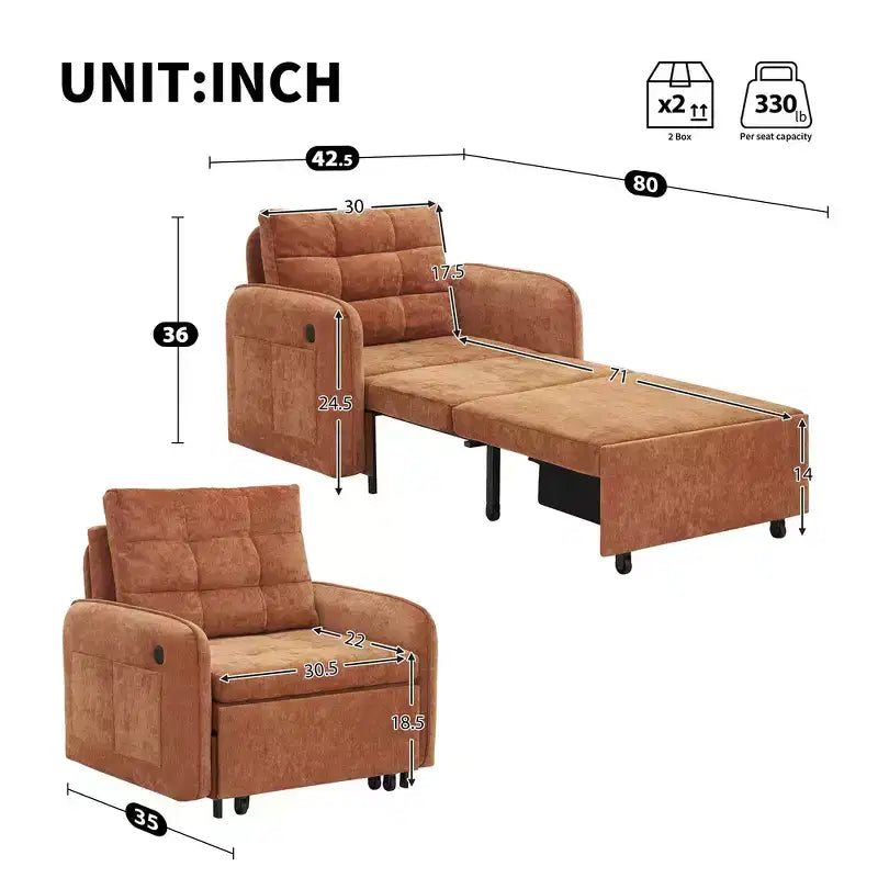 3-in-1 Sleeper Chair Bed, 80" Extra Long Pull Out Lounge, Chenille Single Sofa Bed with Storage Pockets