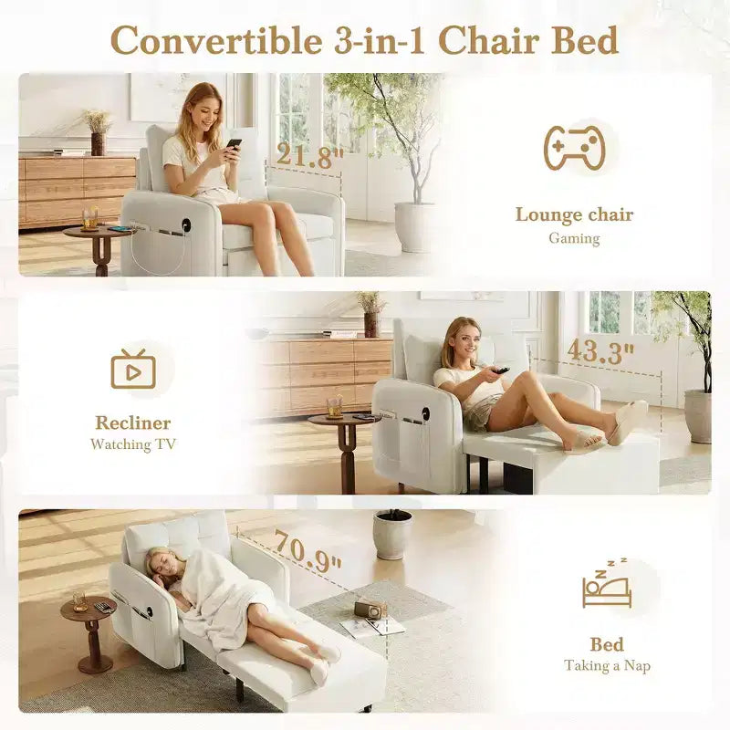 3-in-1 Sleeper Chair Bed, 80" Extra Long Pull Out Lounge, Chenille Single Sofa Bed with Storage Pockets