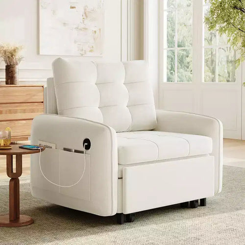 Whisen 3-in-1 Sleeper Chair Bed, 80 Extra Long Pull Out Sleeping Lounge, Chenille Single Sofa Bed with Storage Pockets