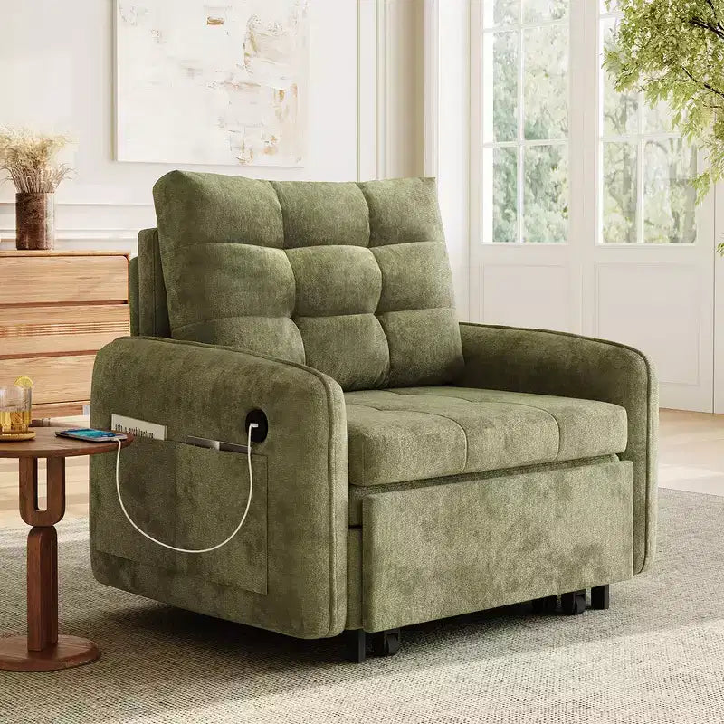 3-in-1 Sleeper Chair Bed, 80" Extra Long Pull Out Lounge, Chenille Single Sofa Bed with Storage Pockets
